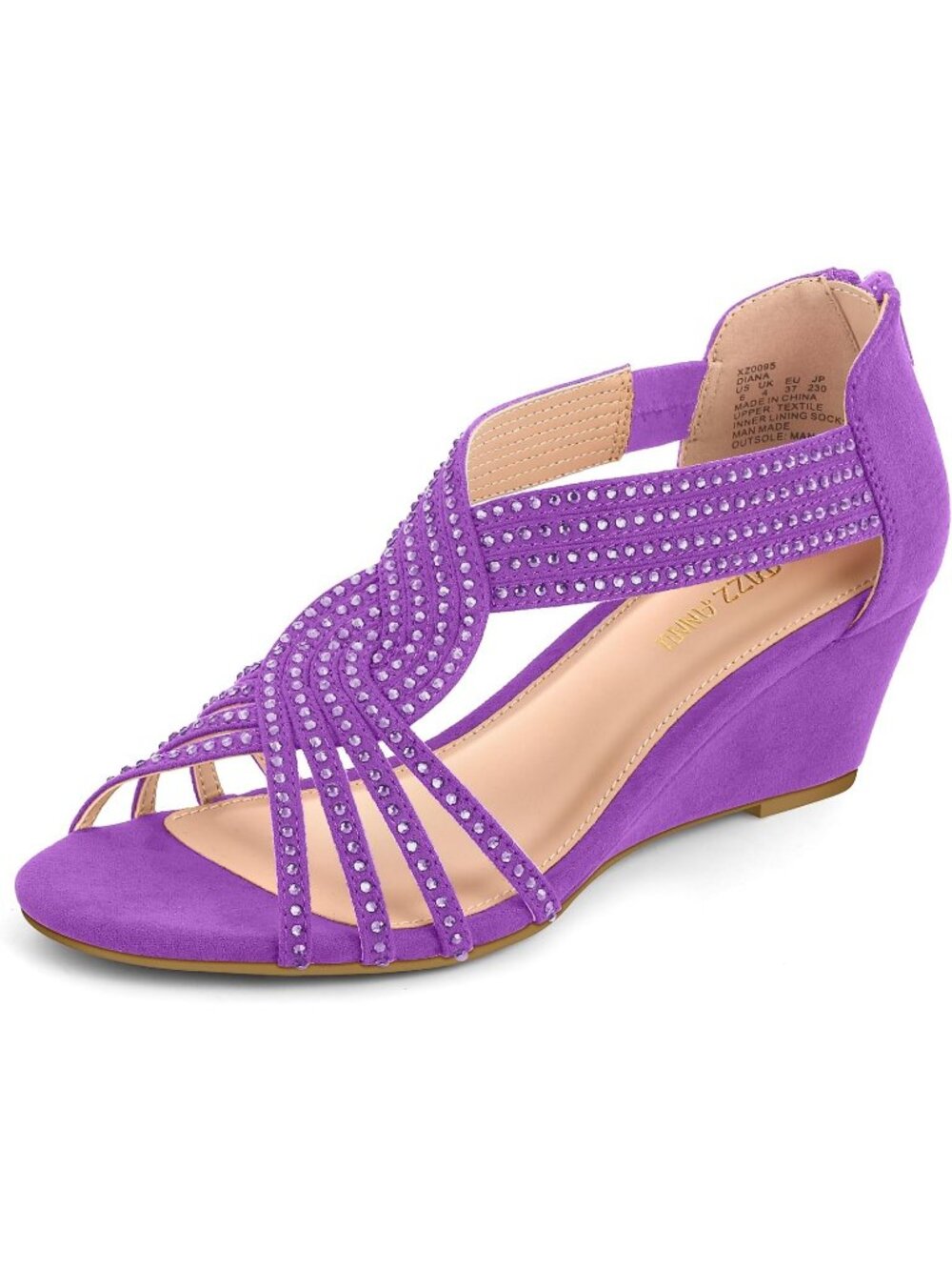 Women's Purple Rhinestone Sparkle Low Wedge Sandals Open Toe Dress Shoes
